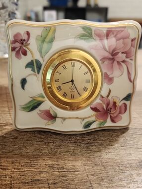 Vintage Lenox Floral Porcelain Mantel Clock in Pink and Gold